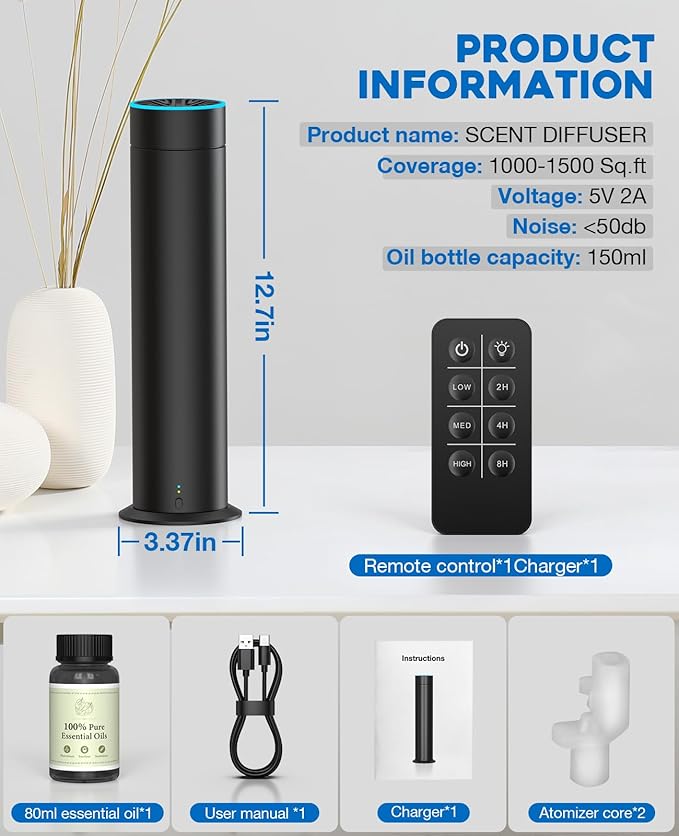 Waterless Scent Diffuser Starter Kit, 150mL Capacity Covers 1000 Sq Ft, Rechargeable Essential Oil Diffuser for Large Room, Home, Office, Hotel Scent Diffuser with 80 ml Scent Oil, 3 Control Modes