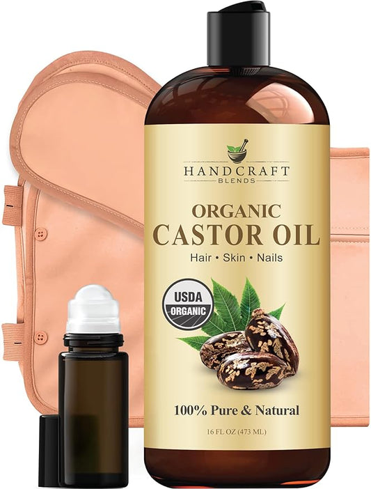 Handcraft Blends Castor Oil Pack Wrap | Organic Castor Oil 16 oz | Reusable Wraps | Roll on Bottle | Durable Comfortable Pack Wraps | Adjustable Elastic Straps| Neck and Stomach