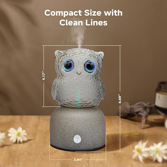 DAROMA Handcrafted Pottery Stone & Glass Essential Oil Diffuser,Owl Portable Waterless Aromatherapy Diffuser,Auto Shut-Off & Adjustable Light,Gift for Home, Office, Travel