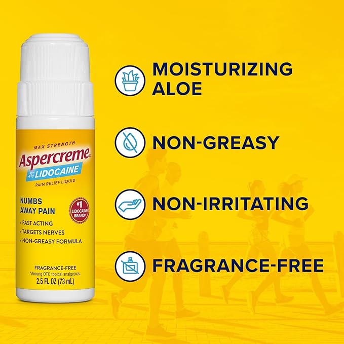 Aspercreme Odor Free Max Strength Lidocaine Pain Relief Liquid with Roll-On No Mess Applicator, 2.5 oz.