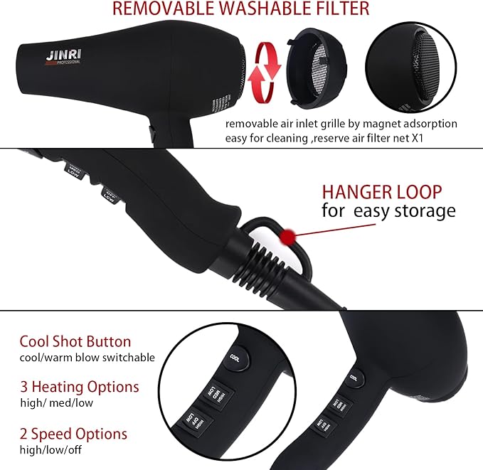 Professional Salon Grade Hair Dryer 1875W, Powerful Fast Drying Pro Negative Ionic & Infrared Blow Dryer, Low Noise Blow Dryer with Diffuser, Concentrator, Comb, 2 Speed & 3 Heat Settings