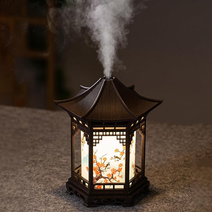 Zen Pavilion Lantern Aroma Diffuser & Night Light - 160ml Essential Oil Diffuser with 2 Mist Modes - Japanese Style Zen Garden Humidifier for Yoga, Meditation, Spa & Sleep - Warm/White Light (Light)