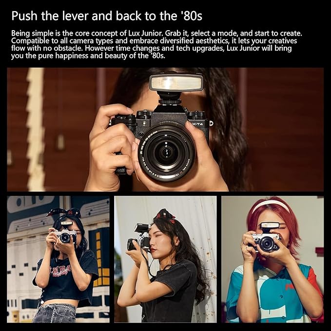 Godox Lux Junior Retro Camera Flash with Diffuser, Speedlite GN12 6000K±200K CCT, Automatic and Manual Modes 1/1-1/64 Flash Power, 28mm Focal Length for Canon Nikon Sony Fuji Olympus Cameras - Pink