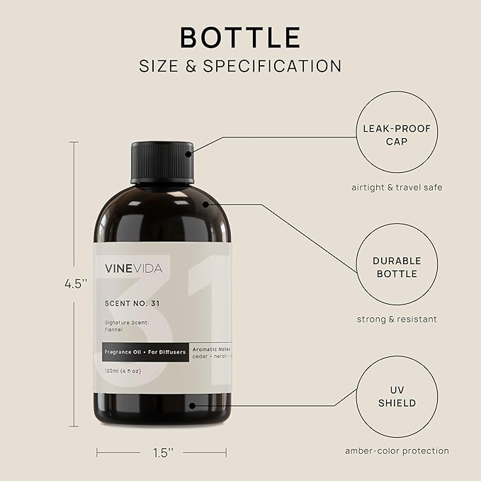 VINEVIDA [4 Fl Oz] Flannel Fragrance Oil for Cold Air Diffusers, Essential Oils for Diffuser Oil Refill & Air Freshener Room Spray