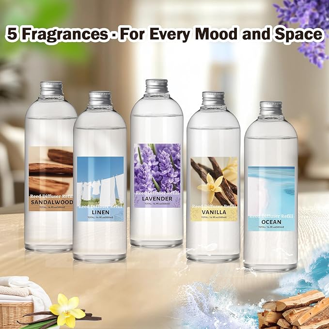 SCENTORINI Reed Diffuser Oil Refill, 16.9oz Natural Sandalwood Scented Essential Oil with 6 Sticks, Long Lasting Home Fragrance for Large Space, Bathroom, Spa Room Aromatherapy, Hotel & Office Decor
