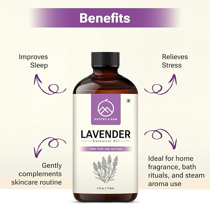 Lavender Essential Oil – 100% Pure Lavender Oil for Diffuser, Aromatherapy, Sleep, Skin & Hair – Large 4 fl oz with Glass Dropper – ROOTED & RAW