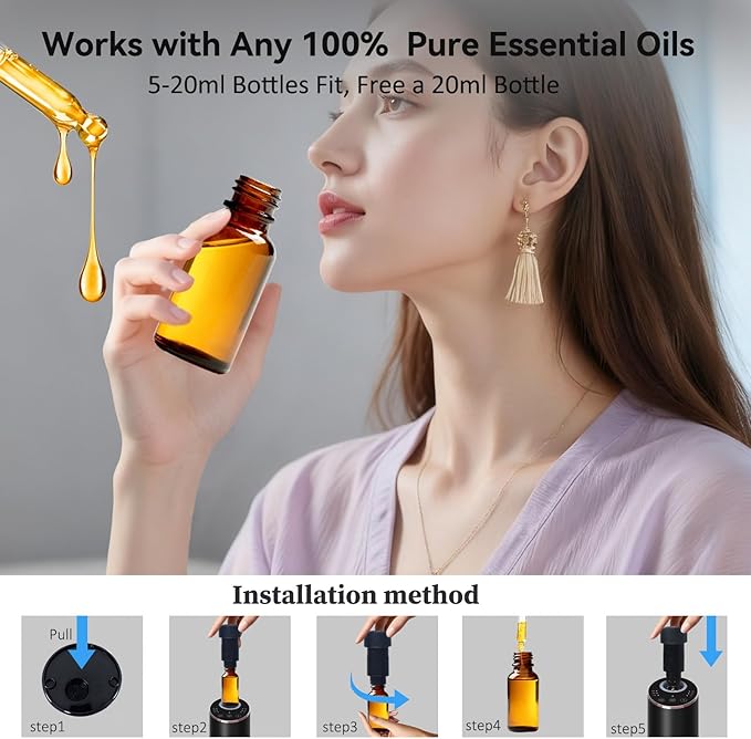 Essential Oil Diffuser Waterless Scent Aromatherapy Diffusers for Home Large Room, Bedroom, Car, Office,Desk, Battery Operated, Small Cordless Air Freshener Machine, 3 Countdown Timers & 3 Mist Levels