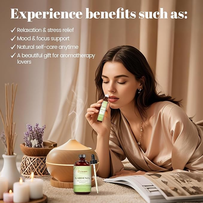 Gardenia Essential Oil (4 fl.oz Bottle + 0.34 fl.oz Roll-On) — Gardenia Oils for Aromatherapy, Diffusers, Humidifiers, Home fragrances, DIY Skincare, Candle, Soap Making, Relaxation,