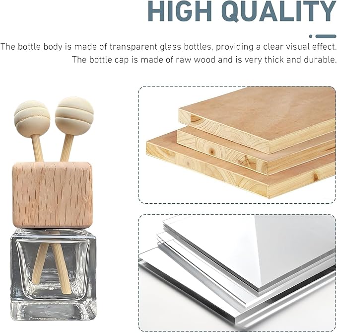 2 PCS Car Air Vent Diffuser Clips, Refillable Empty Glass with Wooden Cap, Straight Outlet Diffuser Ornament with Secure Back Clip, Universal Decorative Accessory for Cars (Transparent)