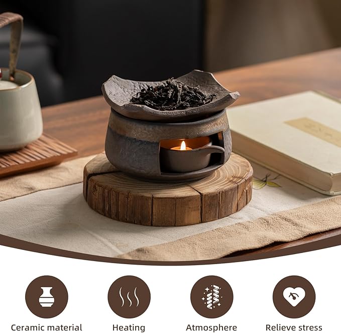 Cedar Aromatherapy Burner & Ceramic Oil Warmer for Home & Office (Heat-Resistant Tile Baking Tray + Stone-Patterned Oven + Old elm Wood mat + Accessories)