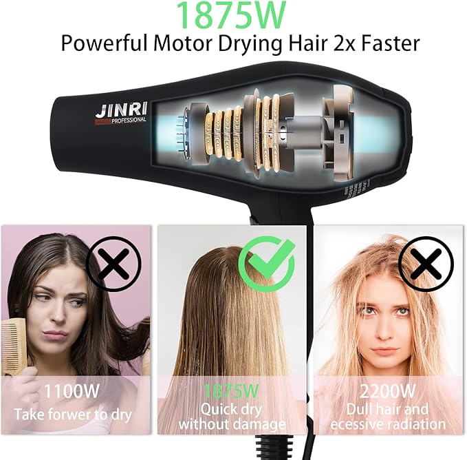 Professional Salon Grade Hair Dryer 1875W, Powerful Fast Drying Pro Negative Ionic & Infrared Blow Dryer, Low Noise Blow Dryer with Diffuser, Concentrator, Comb, 2 Speed & 3 Heat Settings