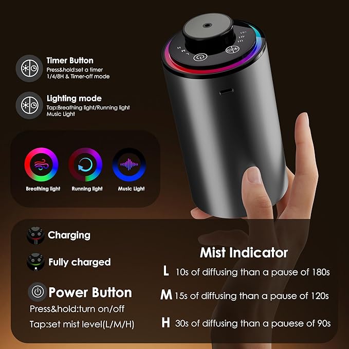 Waterless Essential Oil Diffuser, Portable Aromatherapy Diffuser,3 Countdown Timers & 3 Mist Levels for Home, Room, Car, Office