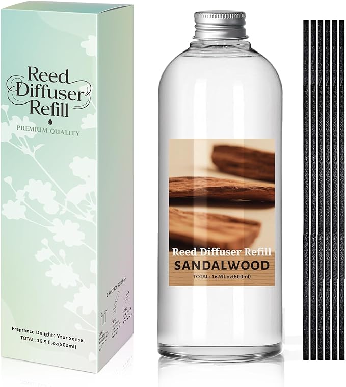 SCENTORINI Reed Diffuser Oil Refill, 16.9oz Natural Sandalwood Scented Essential Oil with 6 Sticks, Long Lasting Home Fragrance for Large Space, Bathroom, Spa Room Aromatherapy, Hotel & Office Decor