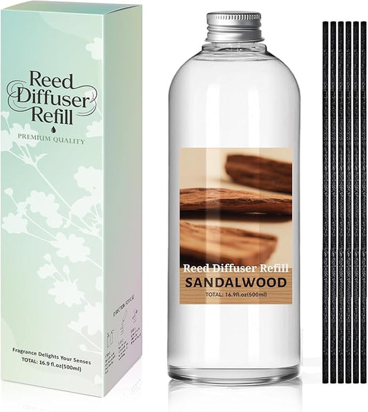 SCENTORINI Reed Diffuser Oil Refill, 16.9oz Natural Sandalwood Scented Essential Oil with 6 Sticks, Long Lasting Home Fragrance for Large Space, Bathroom, Spa Room Aromatherapy, Hotel & Office Decor