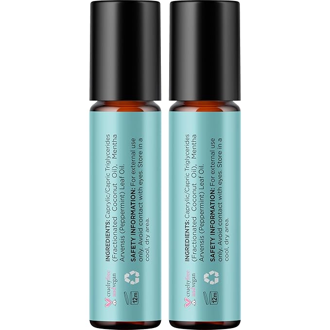Peppermint Oil Roll on - Pure Peppermint Rollerball Essential Oil Aromatherapy Stick for Headaches - Natural Travel Essential and Pregnancy Must Have for Headaches Energy & Focus Support (2 Pack)