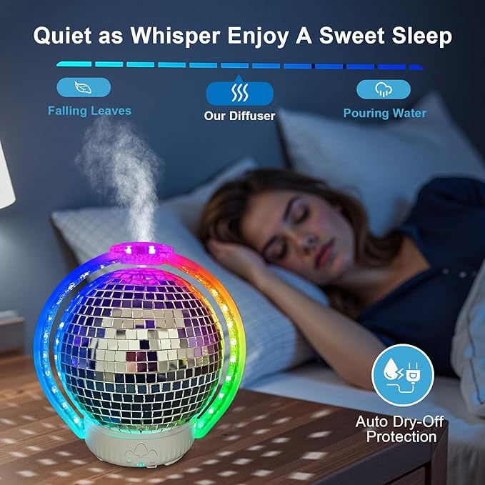 Rotating Disco Ball Diffuser, Mirror Ball Cute Diffuser with RGB Color Night Light, 2Timer Seting & 3 Light Mode Mirror Essential Oil Diffuser Aromatherapy Diffuser for Home Decor, Party, Bedroom