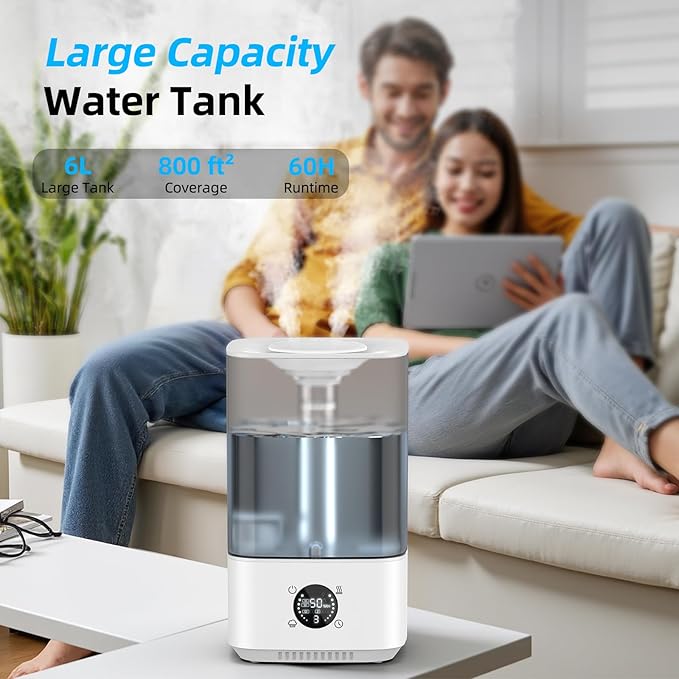 PKBD 6L Humidifier for Bedroom Large Room Home, 800ft² Wide Coverage, 26dB Quiet,Easy Top Fill, Quickly & Evenly Humidify, Real-Time Humidity Monitoring and Anti-dry Burn, White