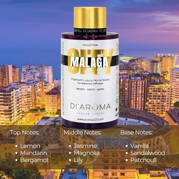 Di'Aroma Malaga Aroma Oil Blend 120ml – Premium Diffuser Oil for Home, Waterless & Essential Oil Diffusers, Long Lasting Home Fragrance, City Collection, Made in USA (120ml, Malaga)