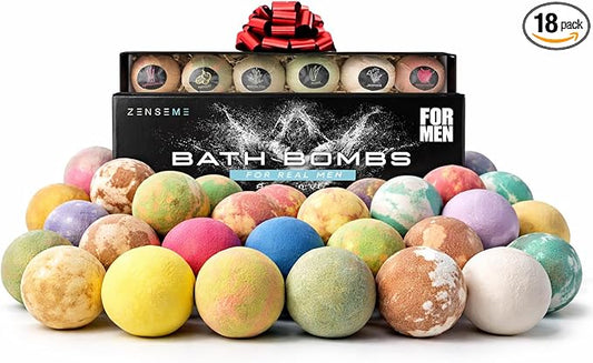 Bath Bombs for Men, Gift Set of 18 Scented Organic Handmade Bath Bombs of 2.5 oz with Natural Essential Oils. Perfect for Boyfriend, Husband, Father or Friend, by ZenseMe