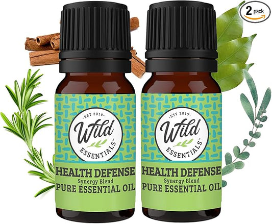 Wild Essentials Health Defense 100% Pure Essential Oil Synergy Blend 2 Pack - 10ml, Premium Grade - Four Thieves Blend, use for Immune Boost, Congestion, Energizing, Mood Boost