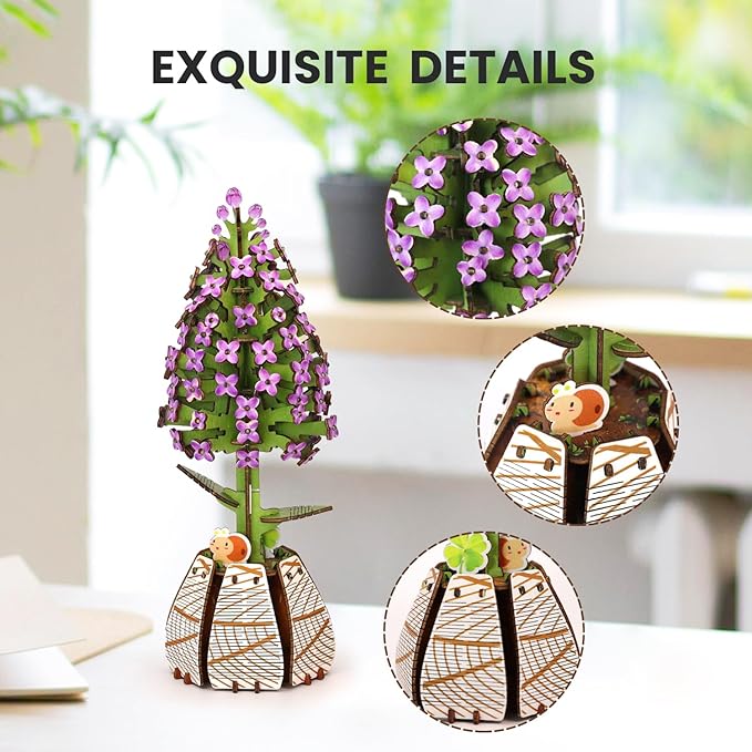 Jege 3D Flower Wooden Puzzles for Adults, DIY Building Set with 2 Flowers, 2 Perfume Bottles & Diffuser Sticks, Creative Craft Gifts & Home Decor (Rose + Lilac)