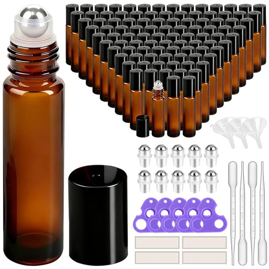 PrettyCare Set of 120, Bulk 10 ml Essential Oil Roller Bottles with Stainless Steel Roller Ball - Refillable Leak-proof Empty Thick Amber Glass Roll on Bottles with Black Caps for Travel, Perfume