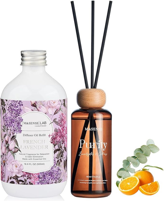 M&SENSE Eucalyptus Scent Diffuser Bundle - 6.3oz Eucalyptus Citrus Diffuser + 16.9oz Refill & 10 Sticks, Non-Toxic for Home Bedroom Spa