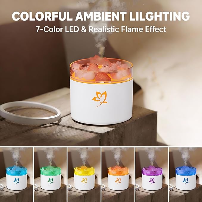 4-in-1 Ultrasonic Crystal Salt Stone Aromatherapy Diffuser & Humidifier - 7-Color LED Dreamy Flame Light, Auto Shut-Off, 2 Modes | Home/Office/Yoga (White)