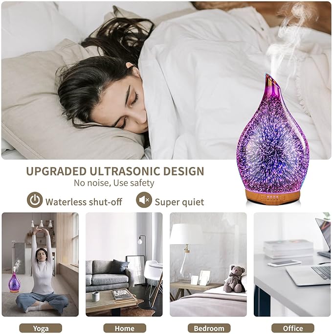 Porseme Essential Oil Diffuser Hand-Blown Glass Aroma Diffusor, Aromatherapy Unltrasonic Cool Mist deffuser, 7 Color Changing, Waterless Shut-Off, Timer Function for Home Office(280ml, Rose Gold)