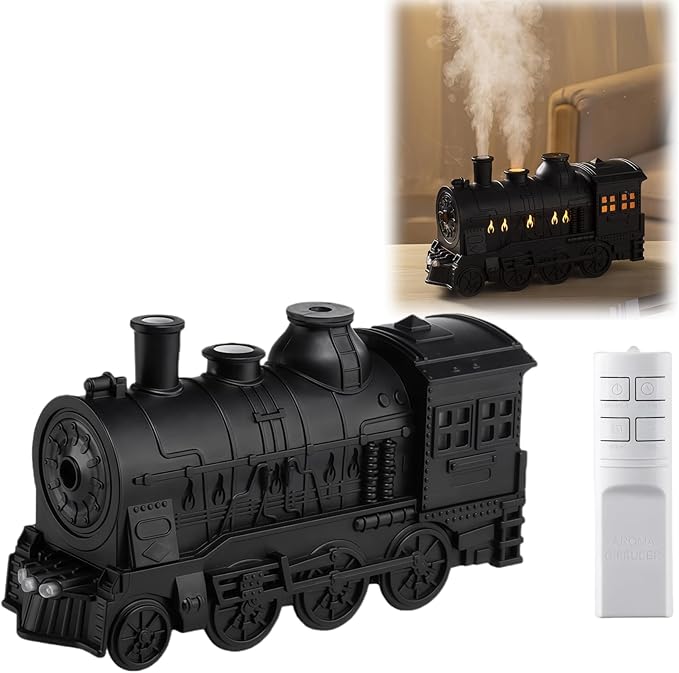 300ML Vintage Train Diffuser & Cool Mist Humidifier with Steam Effect, Remote Control, Dual Modes & Warm Blue LED Light (Black, With remote control)
