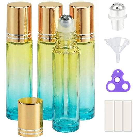 PrettyCare 4 Pack, 10 ml Essential Oil Roller Bottles with Stainless Steel Roller Ball - Refillable Leak-proof Empty Thick Blue& Yellow Glass Roll on Bottles with Golden Caps for Travel, Perfume