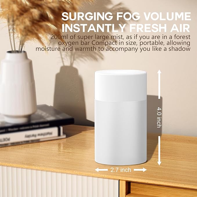 Portable Small Humidifier, USB Personal Desktop Humidifier for Car, Office Room, Bedroom, Auto Shut-Off, 2 Mist Modes, Super Quiet, 200ml