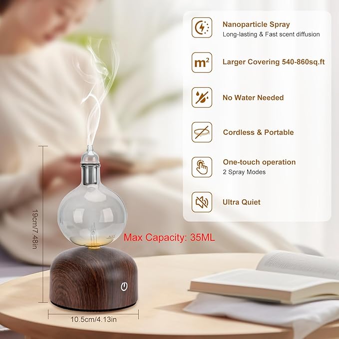 Lychee Rechargeable Waterless Essential Oil Diffuser, Aromatherapy Spray Glass Oil Diffuser, Touch Control with 2 Modes,Travel Portable，Silent Operation and Auto-Off Yellow Light for Home Office