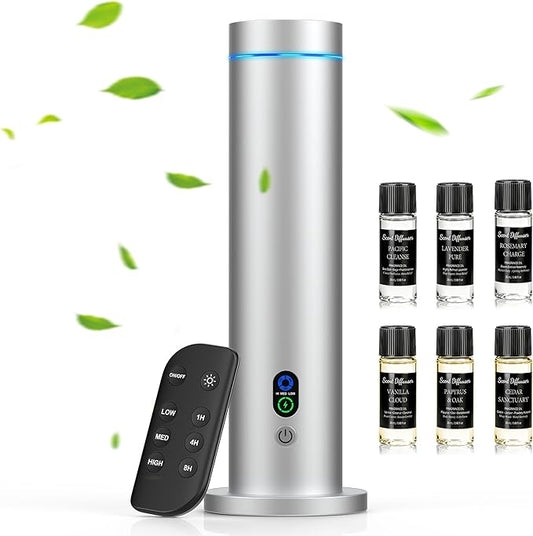 Maromalife Waterless Diffuser, Essential Oil Diffuser, 1000 Sq.Ft Coverage Scent Diffuser – Plug-in Only, Adjustable Mist, Remote, Mood Lights for Home & Office, Large Room, Hotel, Silver