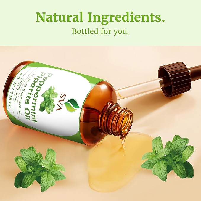 SVA Peppermint Piperita Essential Oil – 4 Fl Oz – 100% Natural Piperita Oil - for Diffuser, Hair Care, Face, Skin Care, Aromatherapy, Scalp and Body Massage, Soap and Candle Making - with Dropper