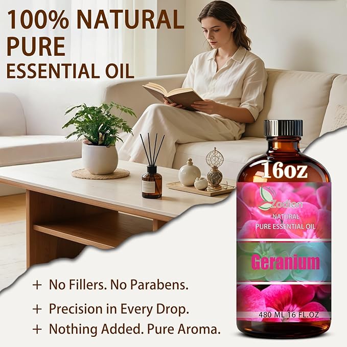 Geranium Essential Oil, 16 fl oz (480ml) - ZODION Geranium Fragrance Oil for Diffuser, Massage, Humidifier, DIY Candle, Soap Making, Home, Bath, Yoga