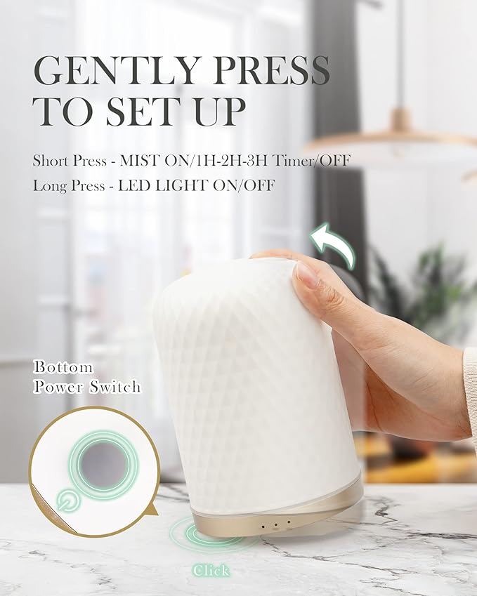 Essential Oil Diffuser - 2.4MHz Ultrasonic Ceramic Diffuser with Pulse/Continuous Mist & Night Light, Waterless Auto-Off, Silent Aromatherapy Diffuser for Home, Office, Yoga, Spa, Gifts & Home Decor.