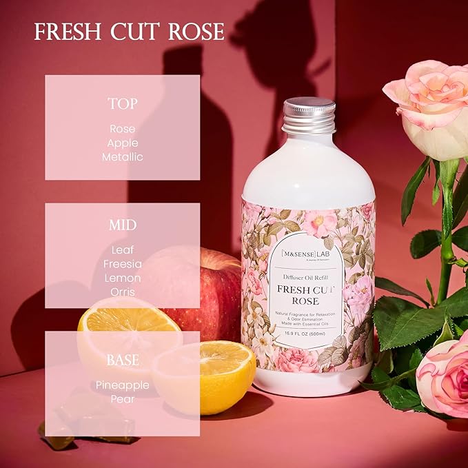 M&SENSE Fresh Cut Rose Scent Value Bundle - Reed Diffuser Oil Refill 16.9oz 500ml with 10 Reed Sticks & Odor Eliminator Spray Natural Essential Oil Home Spa Office Dining Room Living Space Freshener