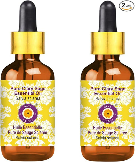 Deve Herbes Pure Clary Sage Essential Oil (Salvia sclarea) with Glass Dropper Steam Distilled (Pack of Two) 100ml X 2 (6.76 oz)