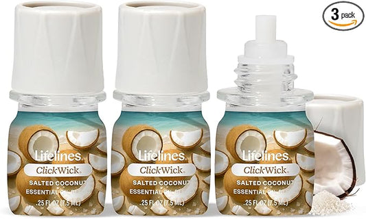 Lifelines ClickWick Essential Oil Blends for Lifelines Diffusers, 3-Pack Salted Coconut Set – Essential Oil Blend Refill for Candle, Plant & Shower Aromatherapy Diffuser – Fragrance for Diffusers