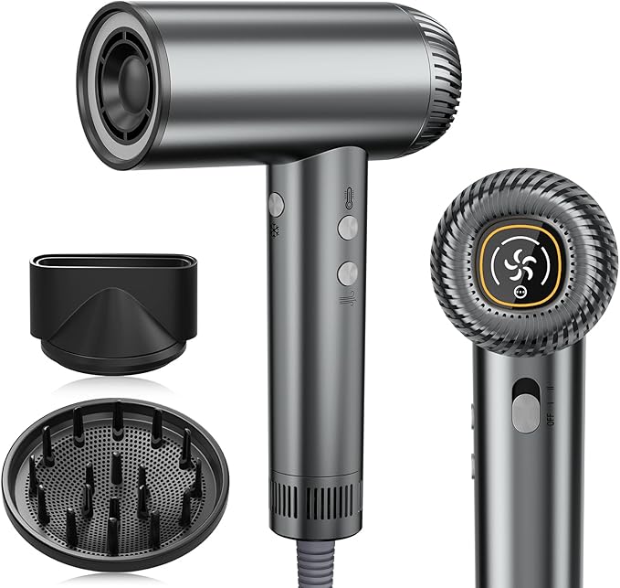 2026 Hair Dryer, 200,000 RPM Professional High Speed Blow Dryer with Diffuser for Women, 1200M Negative Ionic Hair Dryer with Brushless Motor, Low Noise Hair Blow Dryer for Home Travel Salon,Gray