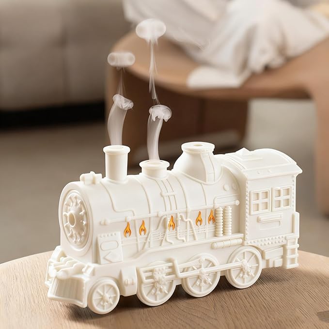 Train Humidifier, 300ml Cool Mist Essential Oil Diffuser with Dual Spray Modes 2 Colors Light 8H Timer, for Bedroom Office Desktop (White)