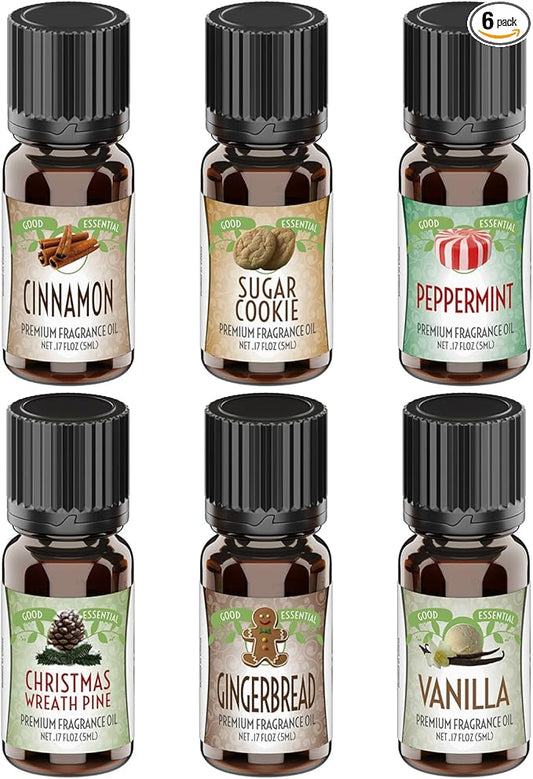 Good Essential Professional Winter Aromatherapy Fragrance Oils Set (6-Pack) Cinnamon, Vanilla, Gingerbread for Candles, Soaps, Perfumes, Diffusers, Home Care