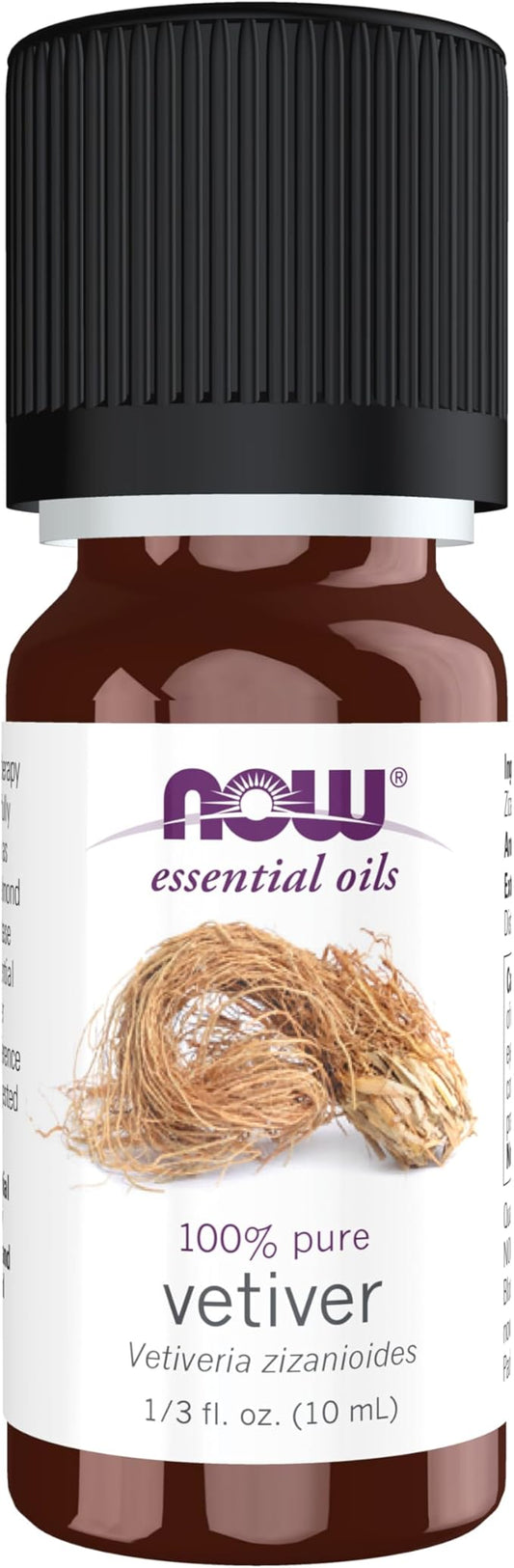 NOW Essential Oils, Vetiver Oil, Woodsy Aromatherapy Scent, Steam Distilled, 100% Pure, Child Resistant Cap, 10-mL