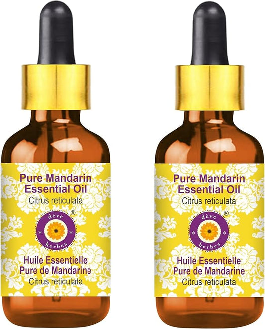 Deve Herbes Pure Mandarin Essential Oil (Citrus reticulata) with Glass Dropper Steam Distilled (Pack of Two) 100ml X 2 (6.76 oz)