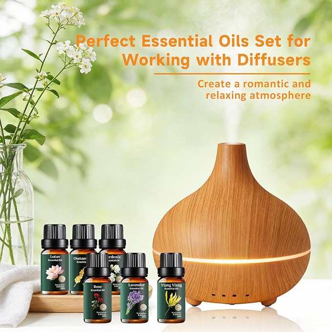 Floral Essential Oils Set Pure, Rose, Gardenia, Jasmine, Lavender, Osmanthus, Lily, Lotus, Ylang Ylang, Magnolia,Geranium, Freesia, Clove for Diffuser, Skin, Hair, Candle & Soap Making 12x10ml