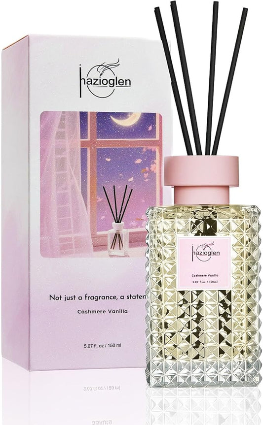 Reed Diffuser Set, Cashmere Vanilla Scented Home Fragrance Air Freshener for Bathroom Shelf Decor, 5.07 fl oz/150ml Essential Oil with Sticks