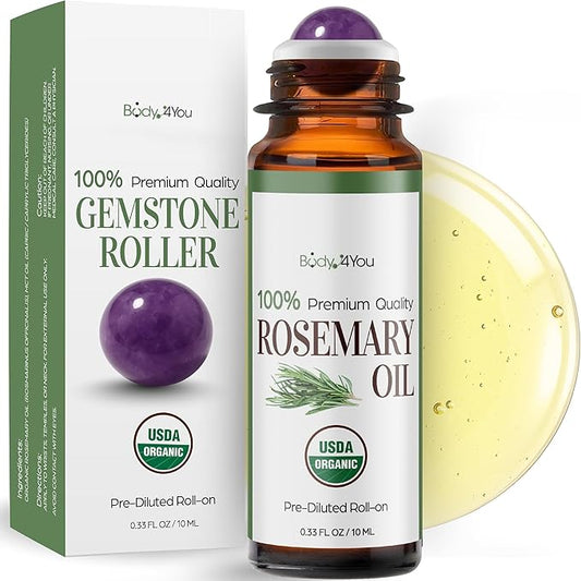 Rosemary Essential Oil Roll On for Hair Growth Scalp Massage Care - 100% Pure USDA Organic MCT Coconut Oil - Eyebrow Beard Growth Hairline Roots Mental Clarity Focus - Gemstone Roller 10ml Travel Size