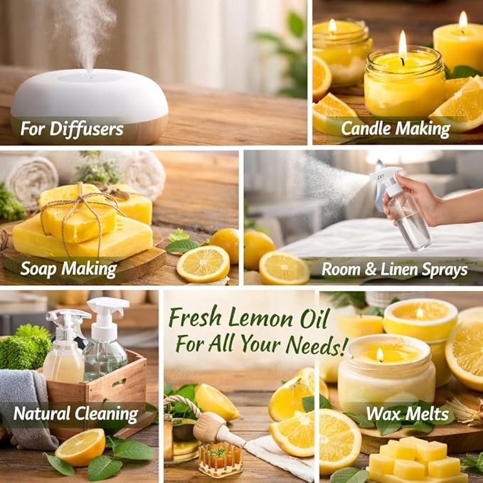 GreenHealth Lemon Essential Oil 8 fl oz (237 ml) – 100% Pure – Aluminum Bottle w/Plug Cap – Fresh Citrus Aroma for Diffusers, Candle & Soap Making, DIY Crafts (Pack of 2)
