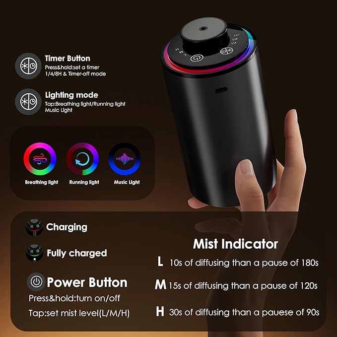 Waterless Essential Oil Diffuser, Portable Aromatherapy Diffuser,3 Countdown Timers & 3 Mist Levels for Home, Room, Car, Office